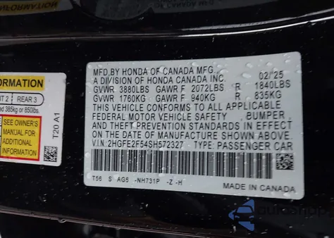 2025 Honda Civic Sport z USA, uszkodzony, nr VIN 2HGFE2F54SH572327